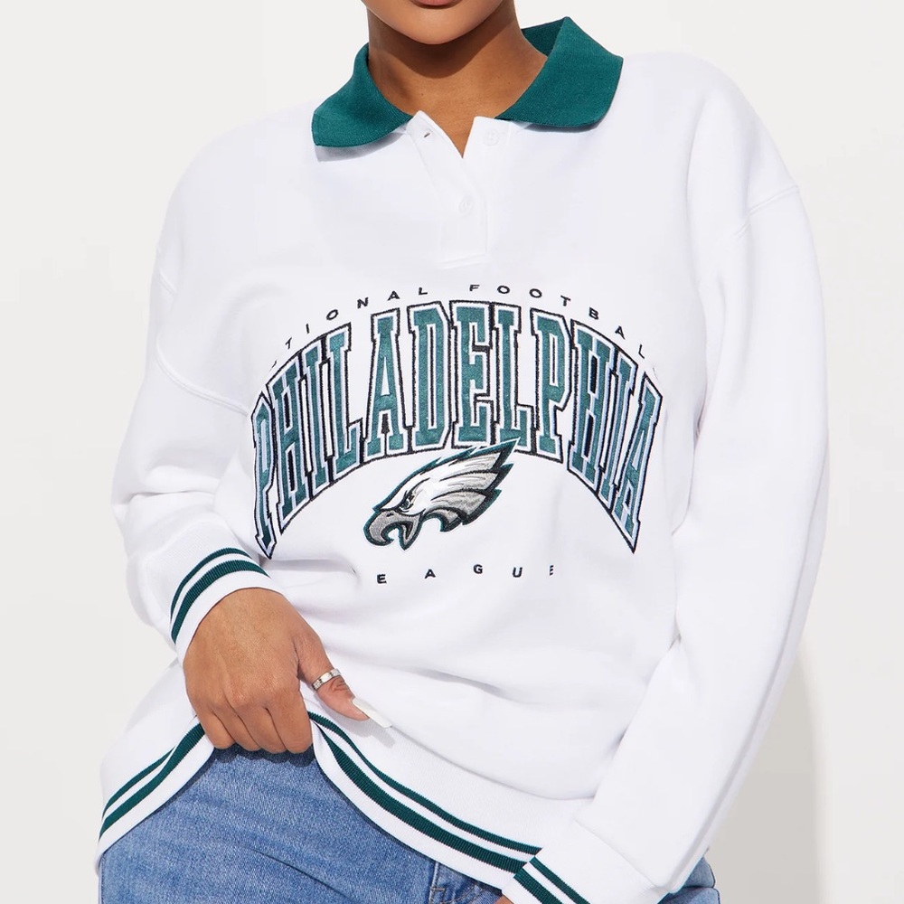 SMALL White & Teal Green Philadelphia Eagles Long Sleeve Collared Sweatshirt